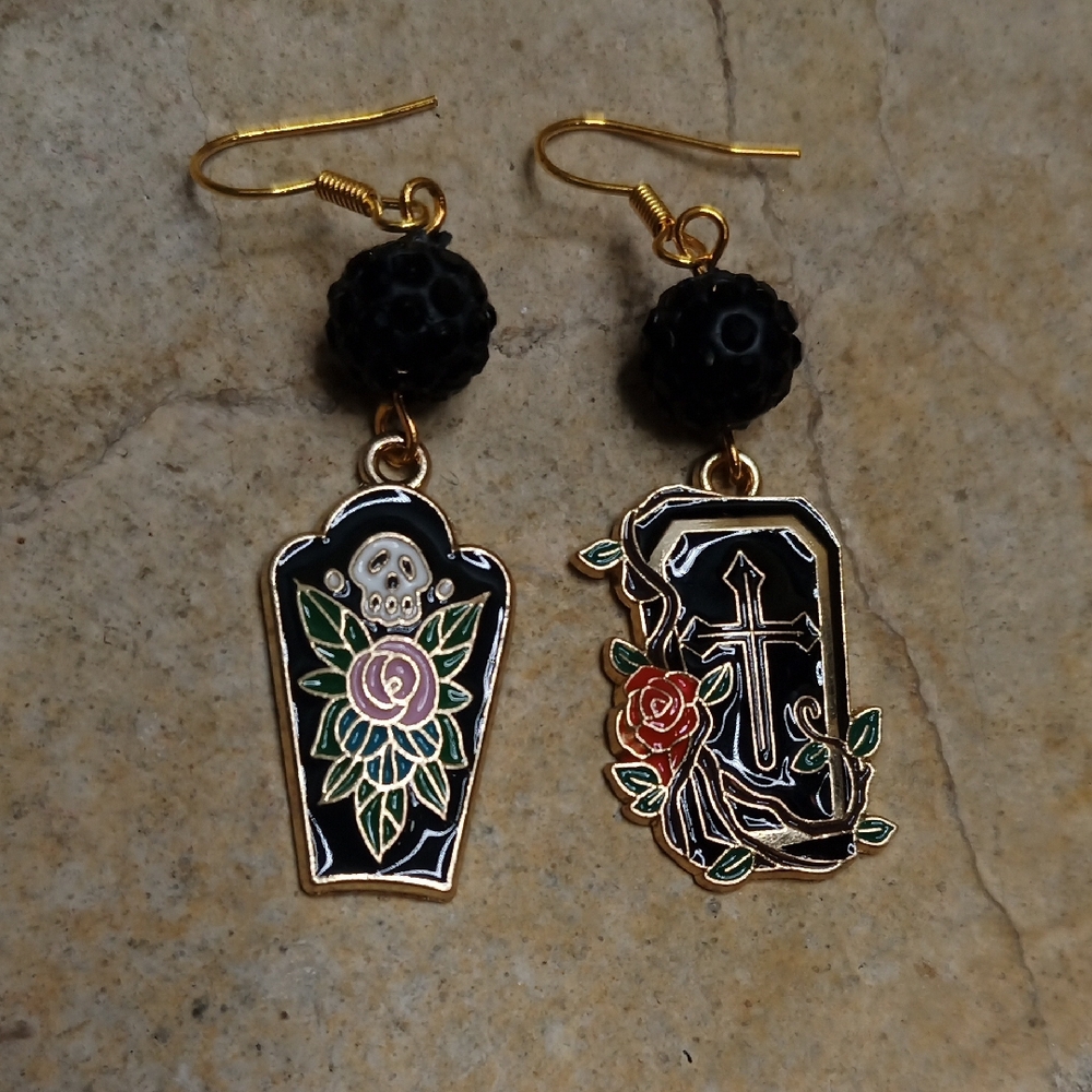 Day Of The Dead Halloween Earrings with Rose and Cross Design